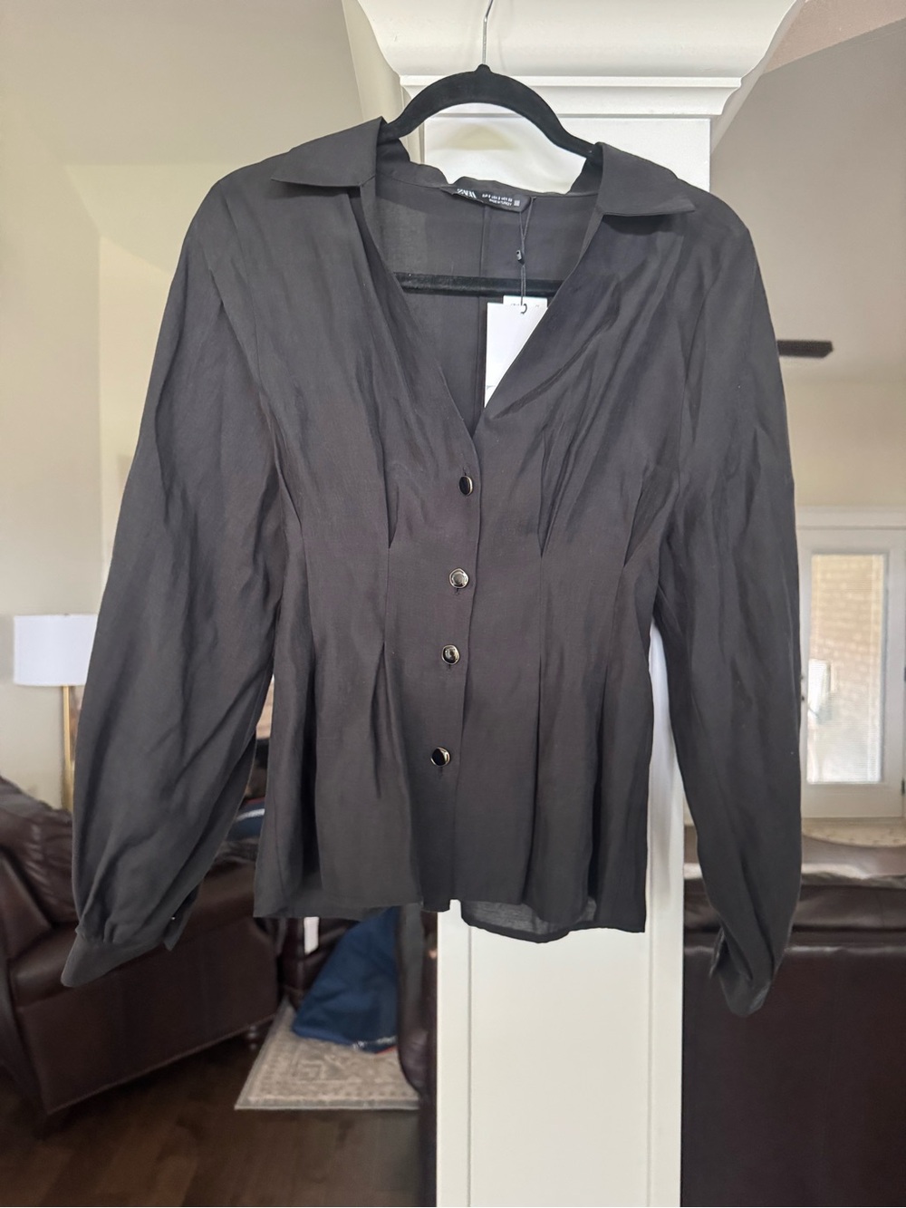 Zara Women’s Tailored Black Button-Front Blouse